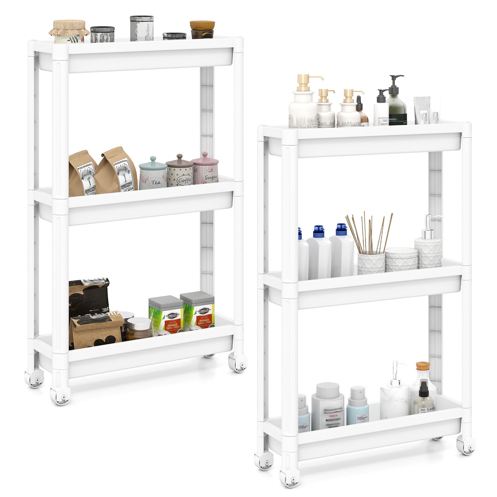 3-Tier Slim Rolling Storage Cart 2-Pack Mobile Bathroom Organizer with Wheels