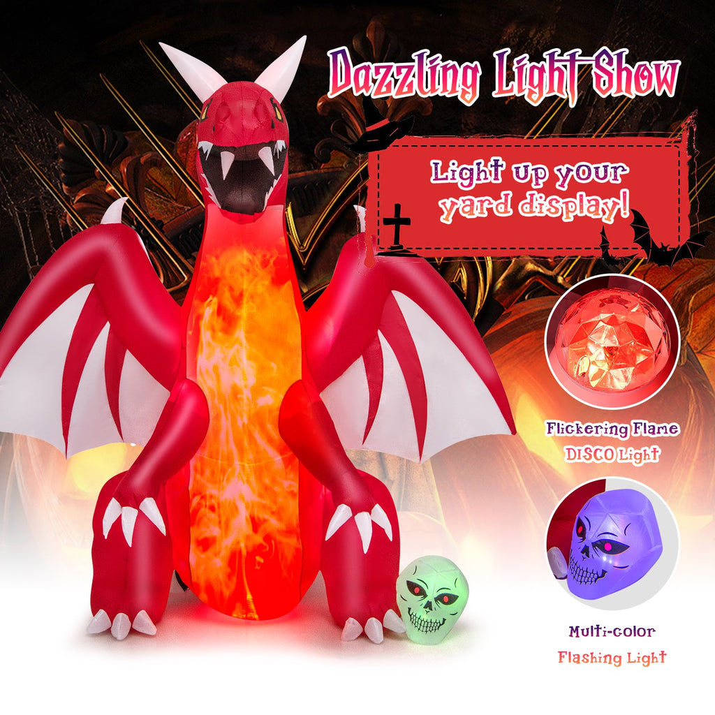 8 Feet Halloween Inflatables Blow-up Red Dragon with Wings Skull
