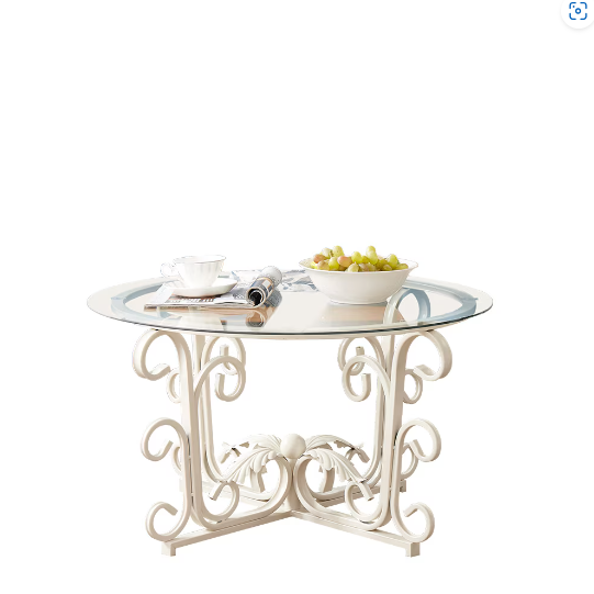 Leaf Base Metal Round Coffee Table, Tempered Glass Top Cocktail Table for Lounge, Leisure Living Room Furniture