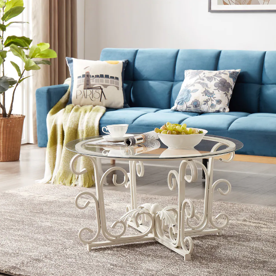 Leaf Base Metal Round Coffee Table, Tempered Glass Top Cocktail Table for Lounge, Leisure Living Room Furniture