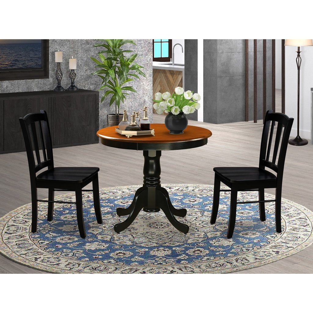 EAST WEST FURNITURE - ANDL3-BLK-W - 3-Piece Dining Room Set- 2 Dining Chair and Modern Round Dining Table - Wooden Seat and Slatted Chair Back (Black Finish)