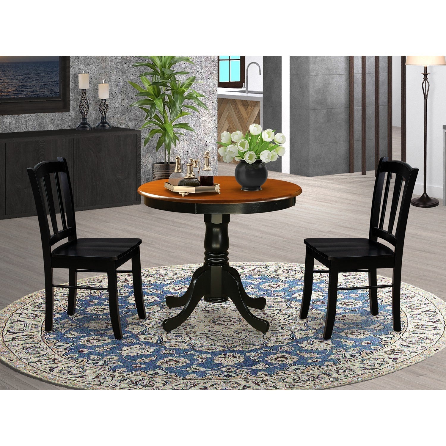 EAST WEST FURNITURE - ANDL3-BLK-W - 3-Piece Dining Room Set- 2 Dining Chair and Modern Round Dining Table - Wooden Seat and Slatted Chair Back (Black Finish)